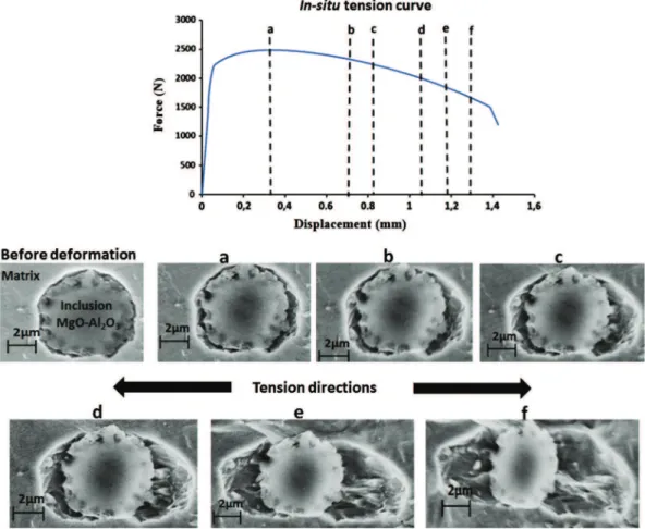 Fig. 5. Void evolution around an inclusion during an in situ tensile test.