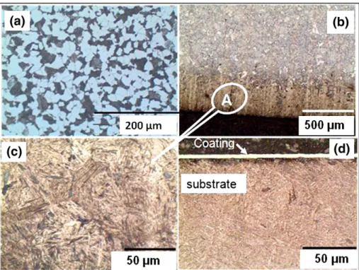 Fig. 2. Optical micrographs: (a) microstructure of the substrates before carburizing, (b) after carburizing, (c) region “A” and (d), cross section of a duplex treated steel.