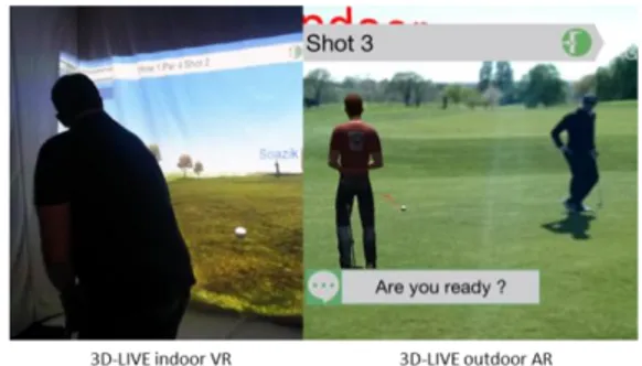 Fig. 1. Golfing scenario indoor golf simulator (VR) and outdoor view (AR) 