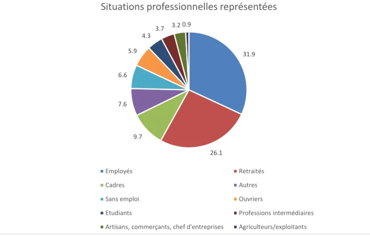 Figure 8 : Répartition des situations professionnelles (selon les catégories socio-professionnelles de  l’INSEE) dans l’échantillon étudié