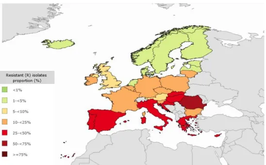 Figure 2 : Pourcentage de staphylocoques dorés résistants à la méticilline en Europe en 2016 [28]