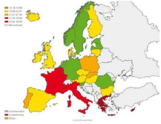 Figure 5 : Consommation totale d'antibiotiques à usage systémique dans la communauté européenne en 2015 (en DDJ pour  1000 hab