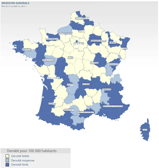 Figure  1 :  Cartographie  de  la  densité  médicale  des  médecins  généralistes  en  France  au  1  er  janvier  2016  (Source : Atlas de la Démographie Médicale 2016) 