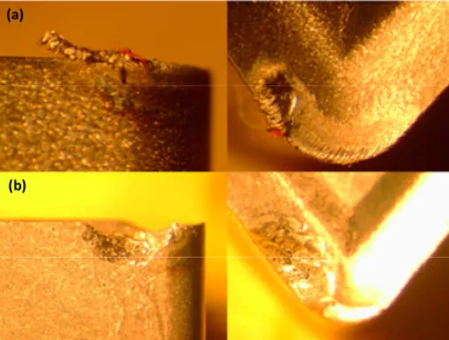 Fig. 3 Microscopic observation of the tool in cryogenic machining at (a) 1min and (b)  4min(f0.3mm/rev;ap1.5) 