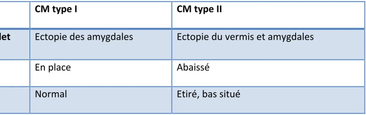 Tableau 1 : Différences entre le CM type 1 et CM type 2 