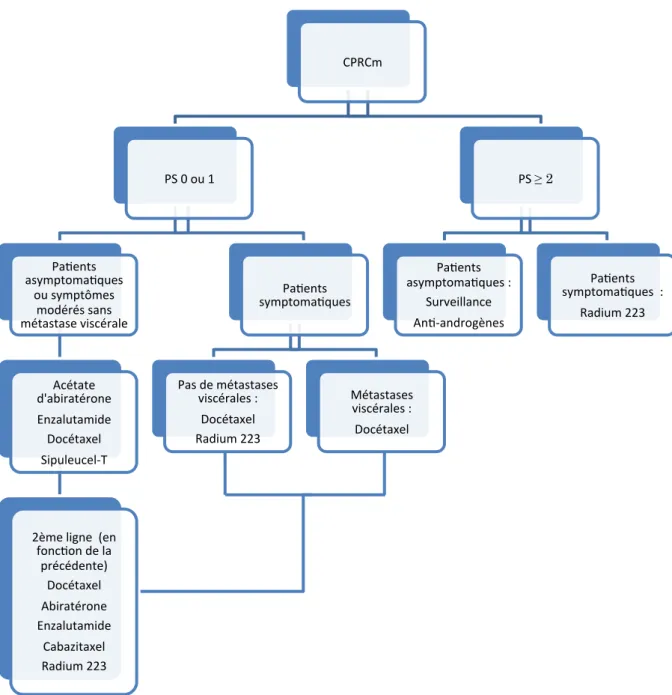 Figure   5   –   Arbre   décisionnel   pour   traitement   dans   le   CPRC   métastatique   d’après   les   recommandations   de   l’EAU   2015   (70)           