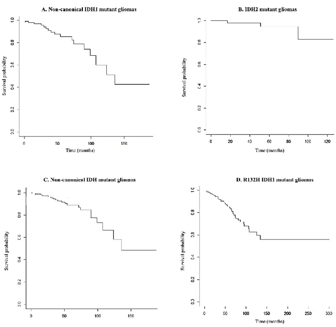 Figure  2.  Overall  survival  of  patients  with  non-canonical  (IDH1m  (A),  IDH2  (B),  Total  IDHm  (C))  compared  to  R132H  IDH1 (D) mutant gliomas with Kaplan-Meier analysis