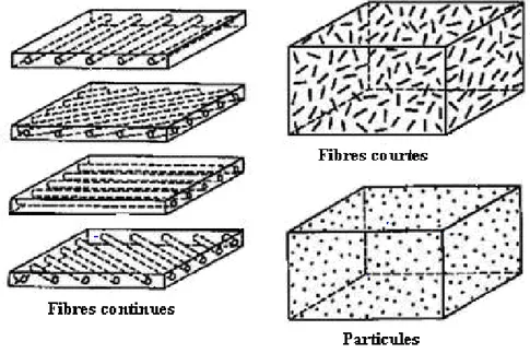 Figure 3: Schémas de principe de composites, selon la forme des fibres employées. [2]