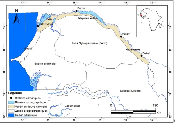 Figure n° 1 : Localisation de la Vallée du fleuve Sénégal e des stations climatiques 