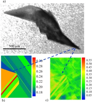 Figure 9: a) Diffraction image of the grain VI during solidification at the same instant as  Figures 2.a and b.v)