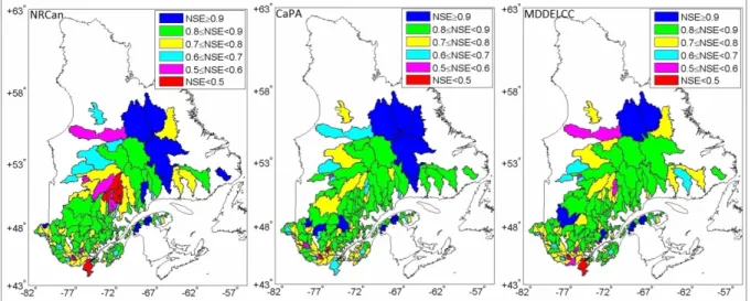 Figure 2.7  Maps representing the performance of each of the 181 watersheds in terms of  the NSE for NRCan, CaPA and MDDELCC precipitation inputs 