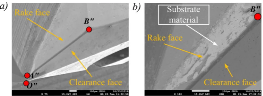 Fig. 14. SEM images of P2 drill with TiAlSiN coating: (a) adhered work material on the rake face and abrasion on the clearance face, (b) crater wear.