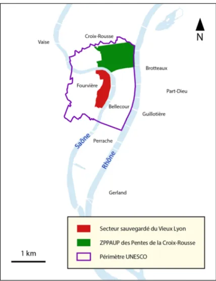 Figure 1 : Carte des ensembles urbains lyonnais bénéficiant d’une protection au titre de leur valeur historique et patrimoniale (Réalisation : D