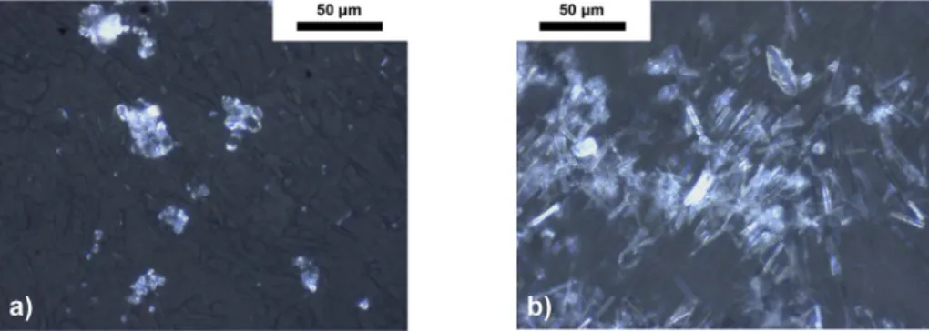 Fig. 7. Micrographs of the surface of a Si-XLPE ﬁlm stabilized with Irganox 1076®: a) before, and b) after one week of thermal treatment at 70  C under vacuum (with G ¼ 500x).