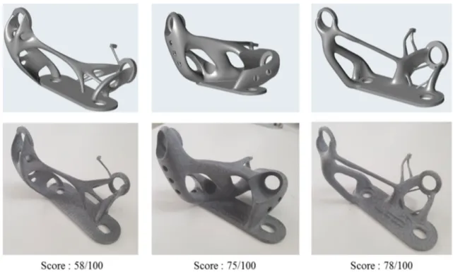 Fig. 8    Preview of different challenge solutions with their ranking score: CAD (up) and printed (bottom) versions