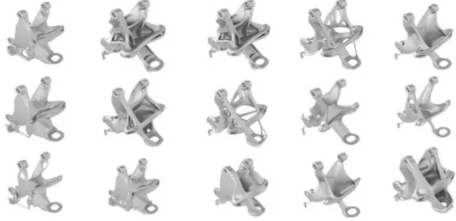 Fig. 3    Multiple design options of the same general motors seat bracket proposed by Autodesk Generative Design tool [18]