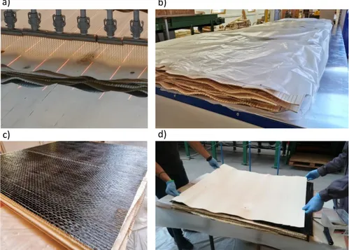 Figure 5. Images of the manufacturing process of the reinforced LVL poplar panels. a) Gluing  application