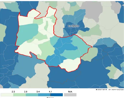 Figure 3: Accessibilité potentielle localisée aux médecins  généralistes sur le territoire du Trièves en 2019  