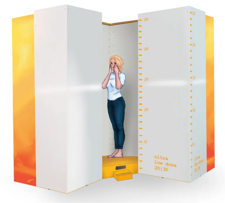 Fig 1. The positioning of a patient from Group A (hands in front of the face) in the biplanar low-dose X-ray device.