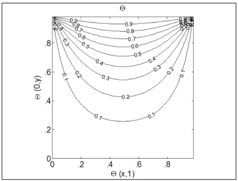 Figure 2-5   Analytical solution of 2-D steady homogeneous   heat conduction without source, θ(x,1)=1, θ =0, elsewhere 