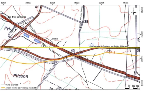 Figure 29 – Reprise d’une partie du tracé de l’ancien chemin de Fontenay- Fontenay-le-Comte aux Sables d’Olonne par la RD 949 actuelle (source : Scan 25 c )