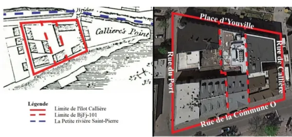 Figure 1. Plan de l'îlot Callière en 1815 extrait du plan de Joseph Bouchette et limites actuelles 