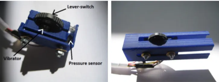 Fig. 6. Module for one finger containing the lever-switch and pressure sensors and a vibrator.