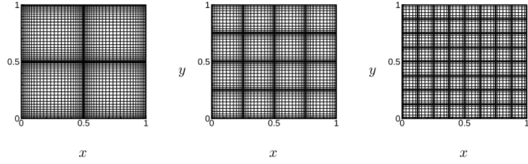 Figure 11: Partitions referenced as P 4 , P 16 and P 64 are illustrated. Every six meshes are plotted in each direction.