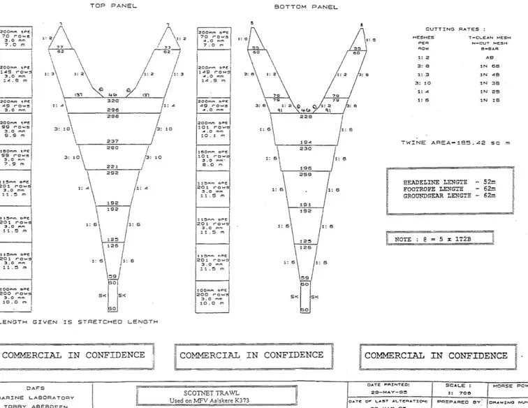 Fig. 13. Drawing of bottom trawl used on MFV Aalskere (extracted from Ref. Study of Factors Affecting the Variability of Cod-End Selectivity, 1998).