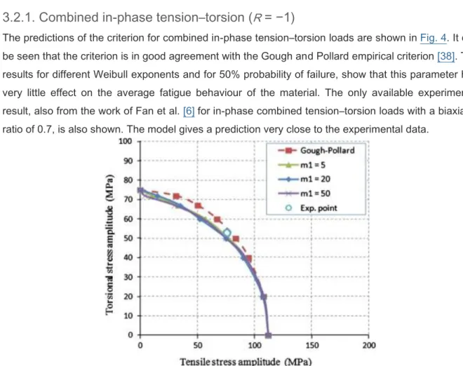 Fig. 4. The criterion predictions for different values of the parameter  m 1  for in-phase combined tension–torsion  loads with an  R -ratio of −1