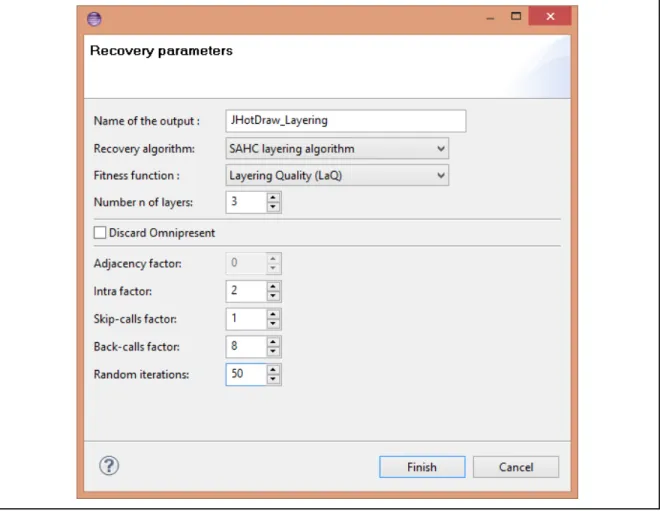 Figure 3.2 Layering recovery parameters wizard: case of JHotDraw Table 3.1 Explanation on the elements in the layering recovery wizard  Element in the 