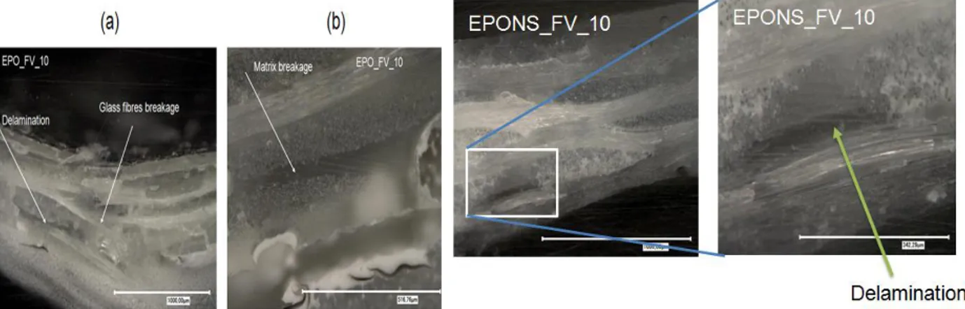 Figure 6 : micrographie d’une zone  endommagée du composite EPO_FV_10,  montrant la rupture de fibres, le délaminage  (a) et de la fissuration de matrice (b)