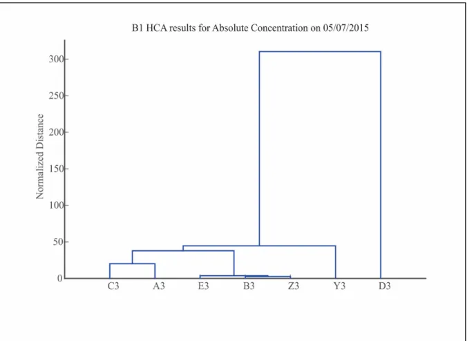 Figure 4.4 HCA Results for B1 Glacier for Absolute Concentration, 05/07/2015: the legend  for letter assignment of the x-axis can be found in in Figure 4.3; number corresponds to 