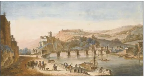 Fig 3 : Victor-Jean Nicolle, Une vue du château de Pierre Scize à Lyon, fin du XVIII e siècle, aquarelle, 34,5 x 65,4 cm, localisation inconnue
