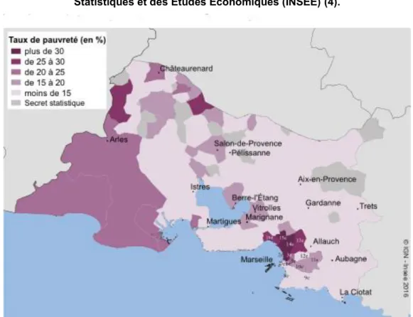 Figure 5 : Taux de pauvreté dans les Bouches-du-Rhône en 2012 selon l’Institut National des  Statistiques et des Études Économiques (INSEE) (4)