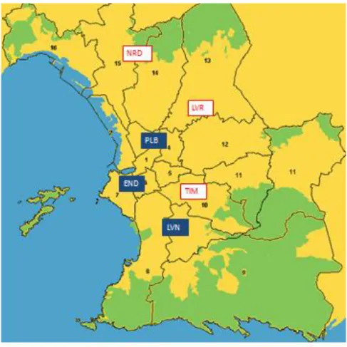 Figure 9 : Répartition des garages/casernes des SMUR de l'agglomération de Marseille (NRD :  Nord, LVR : Laveran, TIM : Timone, PLB : Plombières, END : Endoume, LVN : Louvain) (51)
