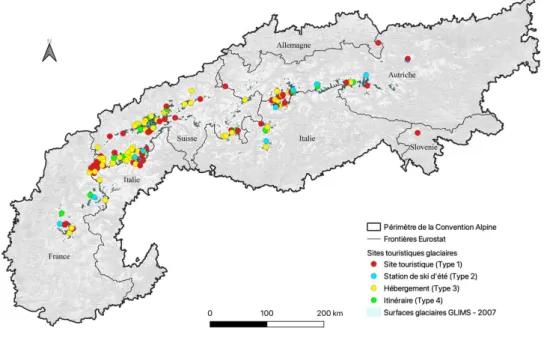 Figure 2 : Les 140 sites touristiques glaciaires identifiés en première phase d’inventaire 