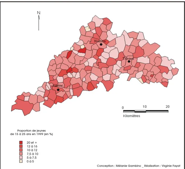 Figure 7 : Carte de la proportion des 15 - 25 ans dans le Périgord Vert (1999) 