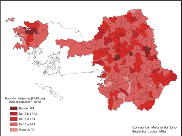Figure 8 : Carte de la proportion des 15 - 25 ans dans le Rural Galway (2002) 