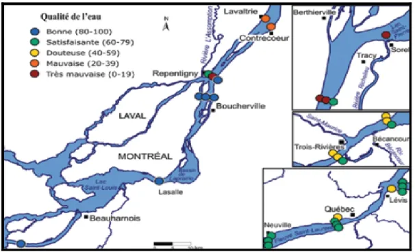 Figure 2.6 La qualité de l’eau du fleuve Saint-Laurent, étés 2004 et 2005. 