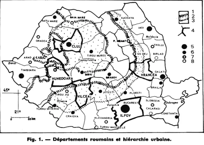 Fig.  1. —  Déportements  roumains  et  hiérarchie  urbaine. 