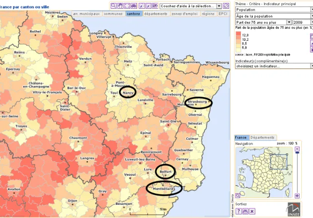 Figure 11 : Part de la population de plus de 75 ans dans les cantons du Nord-Est de la France (estimation en pourcentage)  d’après INSEE 