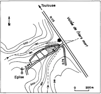 Fig.  4  -  Situation  du  loess  de  Pompertuzat. En  pointillé  est  tigurée l'extension  du loess