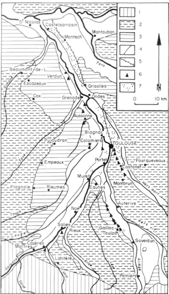 Fig.  3  -  Esquisse  schématique de la répartition des formations  loessiques  et  des  limons  éolisés dans  l'avant-pays  garonnais et  ariégeois