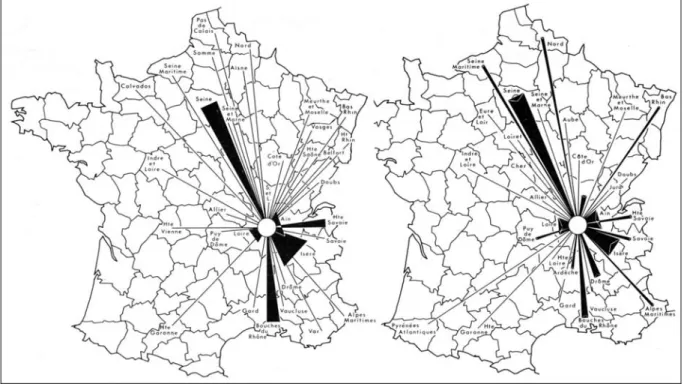 FIG. 2 et 3. - Migrations internes des Tunisiens au départ de Lyon (à gauche) et vers Lyon (à droite) en 1973