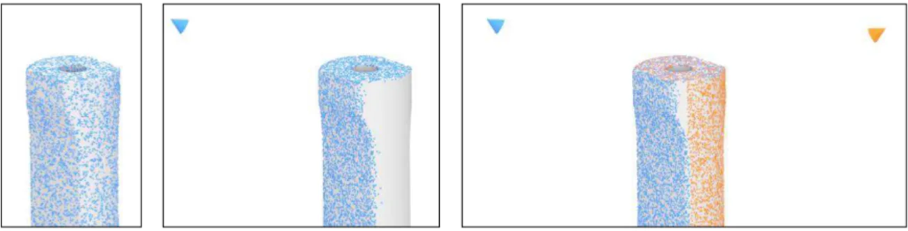 Figure 5: Hidden Point Removal module: (a) initial point cloud, (b) visible points after the HPR oper- oper-ator running from a given viewpoint shown with a cone, (c) from two viewpoints without merge  (Merg-ing = 0)