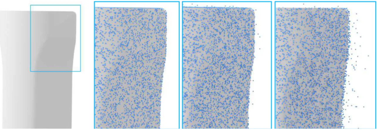 Figure 7: Noise module moving points along the normal to the surface (dirNoise): (a) zoom window,  (b) levelNoise = 0, (c) levelNoise = 0.03, (d) levelNoise = 0.1 