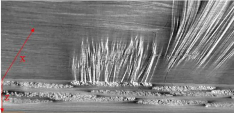 Fig. 7 : Observation par tomographie à rayons X  sur l’échantillon impactée à 15,28 J montrant le réseau de fissures,  la propagation des fissures en épaisseur ainsi que le délaminage