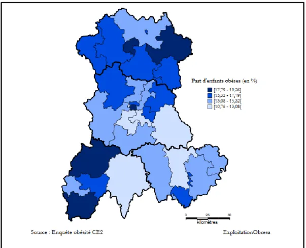 Figure 5: Part d’enfants en surcharge pondérale par circonscription ; Enquête obésité CE2 (37)