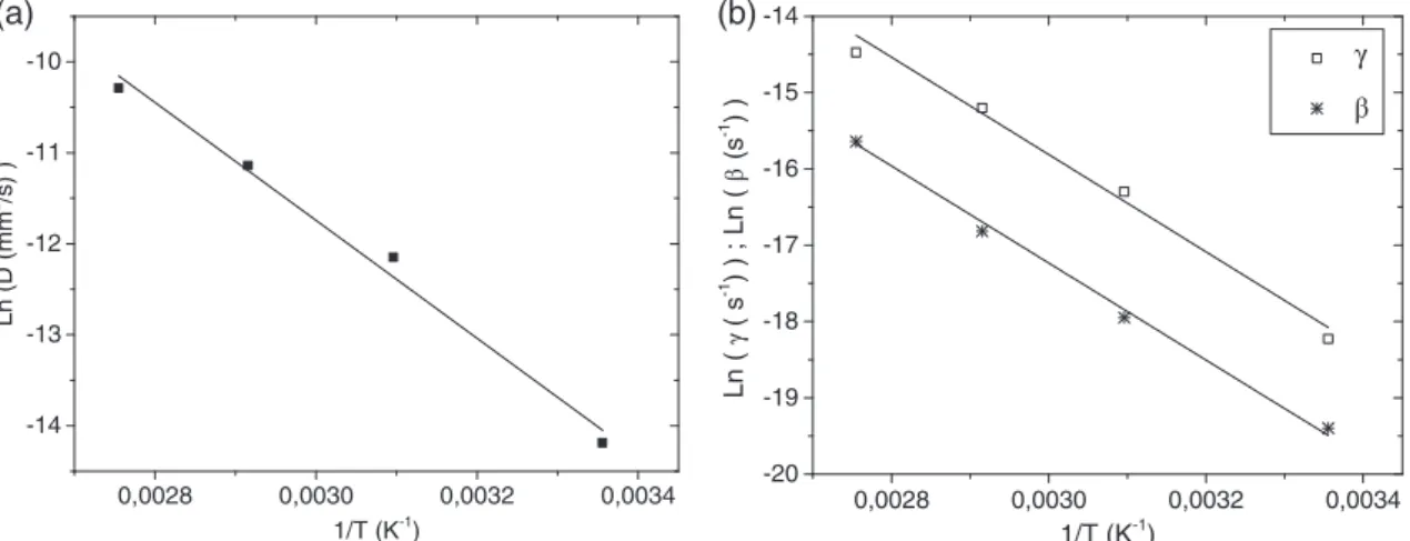 Figure 10. Arrhenius representation of (a) the diffusion coefﬁcient D, and (b) β and γ on logarithmic scale versus 1/T.